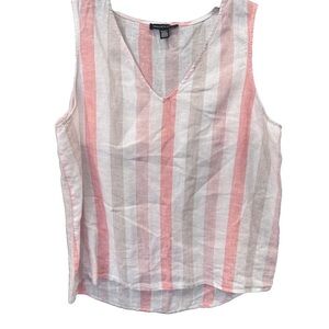 Saks Fifth Avenue 100% Linen Top V-Neck Stripes Pink , White, Taupe Size M
